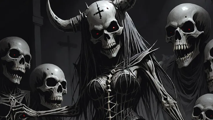 A desolate scenery, A full-body portrait of a succubus necromancer wearing a skull-shaped bone helmet and a sexy cross-laced see-through Gray/silver corset with bone applications, scaled lizard skin, in a magical alchemist laboratory, smirking and ecstatic facial expression