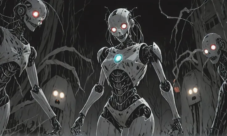 A nightmarish scenery, A comic drawing of a female robot with artificially enhanced legs (wearing summer clothes:1.2). Standing in a city garden. Futuristic Sci-Fi environment. Sparks of light flow along the electrical circuits in the body.