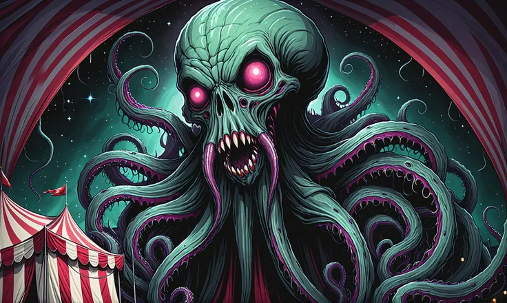 Beautiful detailed digital illustration of a Tentacled horror from deep space at a Tented circus with striped big tops, <lora:EnvyNIghtmareXL01:0.7>, <lora:xl_more_art-full_v1:0.4>