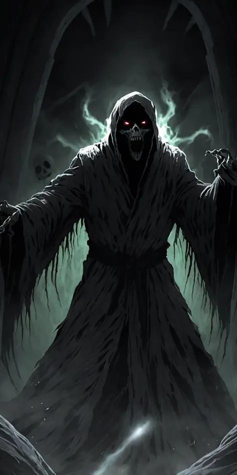 A dystopian scenery, A male ghost wizard in a glowing dungeon attacks the viewer. It is a cinematic action shot with extreme dynamic movement. Torn robes are flying in the wind. The creature has an aggressive facial expression.