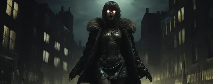 A nightmarish scenery, a full-body portrait of an android whore with Opaque Antique bronze porcelain robotic body parts wearing a fur coat, and mini skirt in a cityscape at nighttime