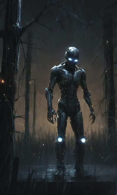 A dark scenery, A abstract illustration of a male robot with artificially enhanced limbs (wearing protective gear:1.2). Standing in a city garden. Futuristic Sci-Fi environment. Sparks of light flow along the electrical circuits in the body.