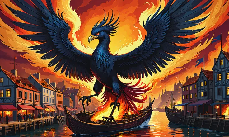 Beautiful detailed digital illustration of a Phoenix soaring with fiery plumage at a Bustling docks in medieval port town, <lora:EnvyNIghtmareXL01:0.7>, <lora:xl_more_art-full_v1:0.4>