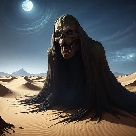 photorealistic, detailed digital portrait of a  [<lora:PAseer's Cthulhu Mythos SDXL Dimensional Shambler:0.8>  shambler:Extraterrestrial serpent with hypnotic gaze:0.5], Desert oasis surrounded by dunes in the background, Volumetric lighting,   <lora:EnvyNIghtmareXL01:0.8>