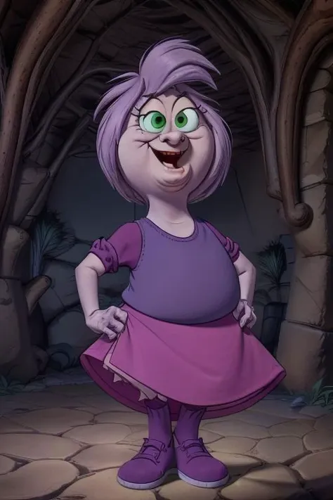shortstack, fat, masterpiece cartoon, best high quality, ultra details, intricate details, 4k, <lora:Madam Mim:1>, elderly, witch, cartoon character, pale skin, lavender hair, green eyes. indigo shirt, magenta skirt, dark magenta sleeves, violet shoes, wrinkles, solo, skinny legs, (cellulite:1.1), (flat chested:1.1),