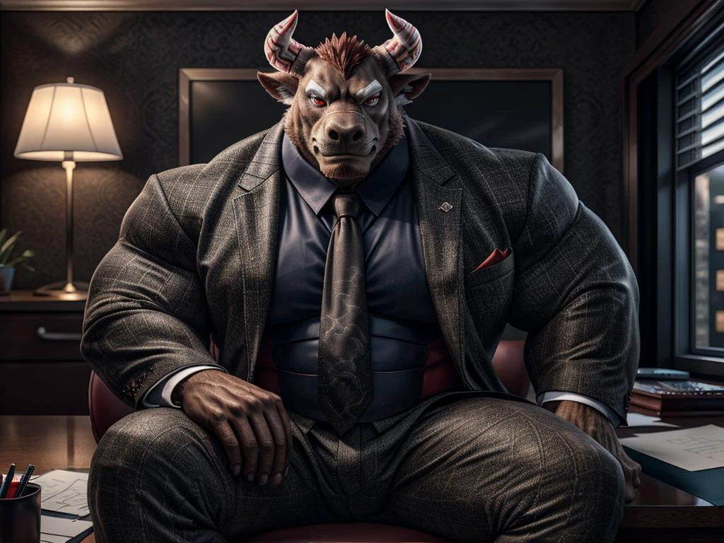 Masterpiece realistic, best ultra quality, perfect intricate details, RAW Photo, nice cinematic lighting, 4K, detailed background, full body, bodybuilder, big muscles, male, gyumao, detailed horns, sitting, desk, red eyes, fancy suit, red tie,office, <lora:GyumaoFRL27nO:1>