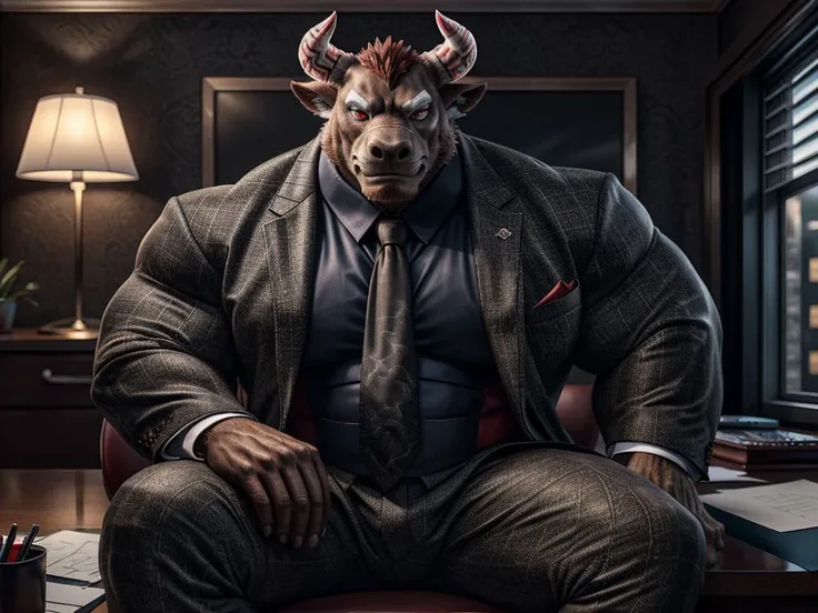 Masterpiece realistic, best ultra quality, perfect intricate details, RAW Photo, nice cinematic lighting, 4K, detailed background, full body, bodybuilder, big muscles, male, gyumao, detailed horns, sitting, desk, red eyes, fancy suit, red tie,office,  <lora:GyumaoFRL27nO:1>