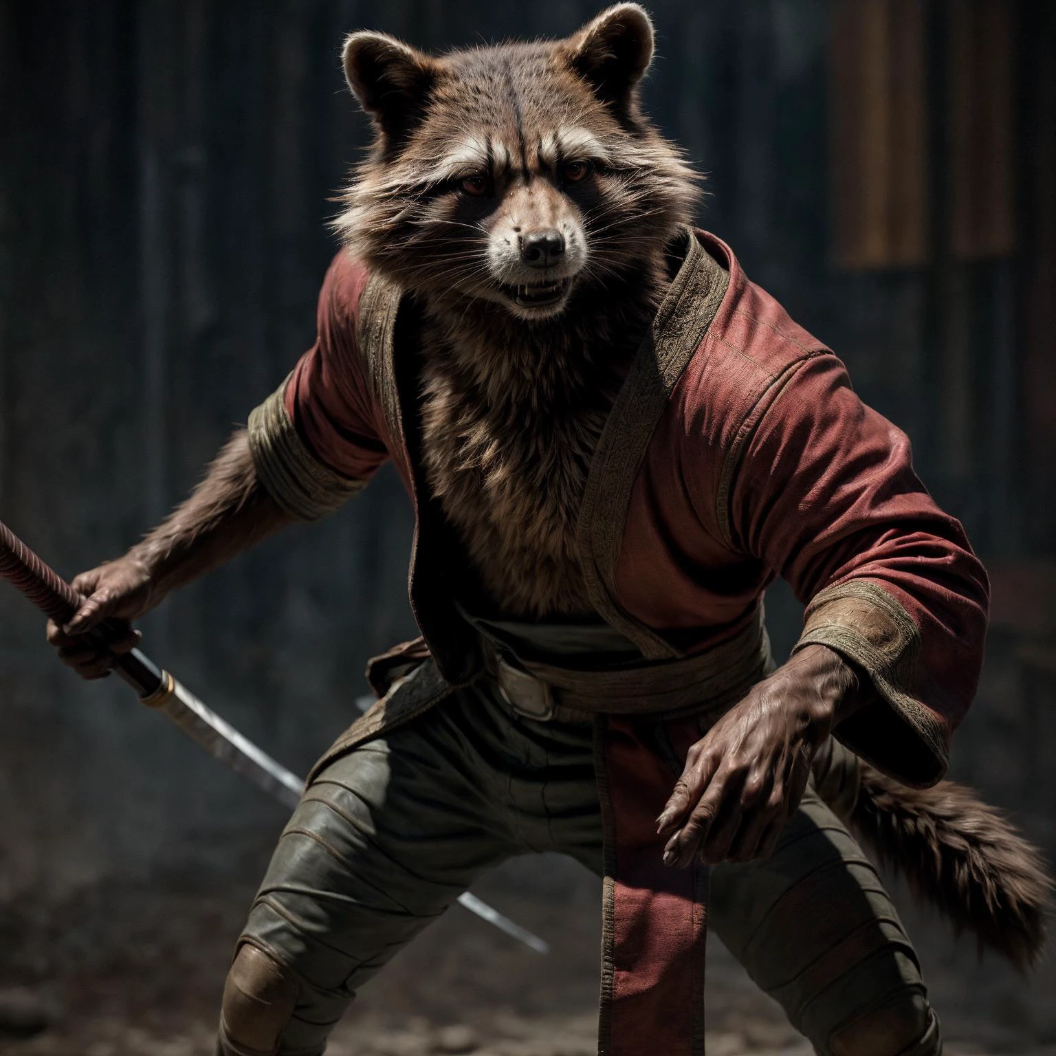 mcu, rocket raccoon, raccoon, male, skinny, buldge, detailed fur, red kimono, japan, katana, BREAK (by chunie, by honovy), by taran fiddler, intricate, (high detail), moody lighting, film photography, realistic, masterpiece, best quality, ultra realistic, 8k <lora:rocketraccoon:1.0> <lora:rocket raccoon v1a:1.0>