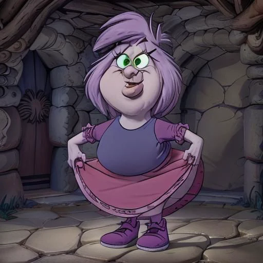 shortstack, fat, masterpiece cartoon, best high quality, ultra details, intricate details, 4k, <lora:Madam Mim:1>, elderly, witch, cartoon character, pale skin, lavender hair, green eyes. indigo shirt, magenta skirt, dark magenta sleeves, violet shoes, wrinkles, solo, skinny legs, (cellulite:1.1), (flat chested:1.1),