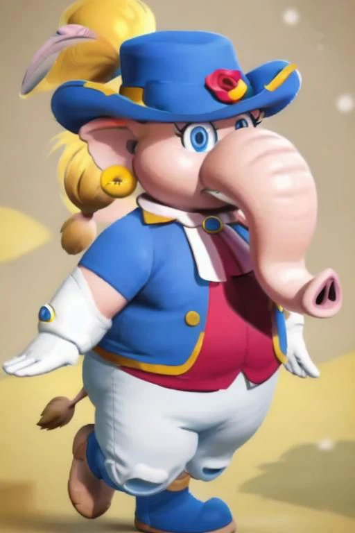 large, obese, female, elephant, white gloves, crown on her head, blue pearl earrings, pink skin, Swordfighter_Peach, solo, 1girl, hat, blonde hair, blue eyes, jewelry, long hair, rapier, hat feather, pants, ascot, red rose, hat flower, ponytail, white pants, boots, blue jacket, long sleeves,