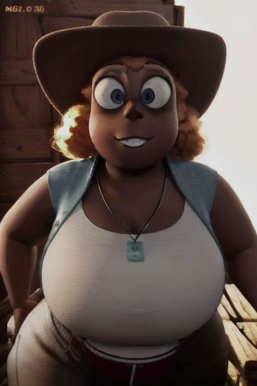 dark skin, anatomically correct, masterpiece, best high quality, ultra details, realistic, RAW Photo, perfect anatomy, 4k, 8k, quality lighting, detailed hands, detailed eyes, (solo), full figured, human, woman, Shelby, ginger hair, white shirt, black pants, nervous smile, looking at viewer,