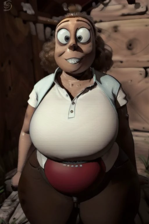 dark skin, anatomically correct, masterpiece, best high quality, ultra details, realistic, RAW Photo, perfect anatomy, 4k, 8k, quality lighting, detailed hands, detailed eyes, (solo), full figured, human, woman, Shelby, ginger hair, white shirt, black pants, nervous smile, looking at viewer,