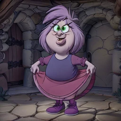 shortstack, fat, masterpiece cartoon, best high quality, ultra details, intricate details, 4k, <lora:Madam Mim:1>, elderly, witch, cartoon character, pale skin, lavender hair, green eyes. indigo shirt, magenta skirt, dark magenta sleeves, violet shoes, wrinkles, solo, skinny legs, (cellulite:1.1), (flat chested:1.2),