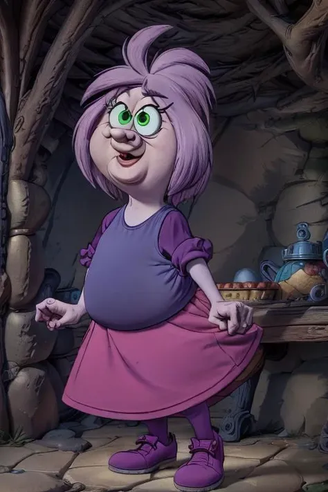 shortstack, fat, masterpiece cartoon, best high quality, ultra details, intricate details, 4k, <lora:Madam Mim:1>, elderly, witch, cartoon character, pale skin, lavender hair, green eyes. indigo shirt, magenta skirt, dark magenta sleeves, violet shoes, wrinkles, solo, skinny legs, (cellulite:1.1), (flat chested:1.1),