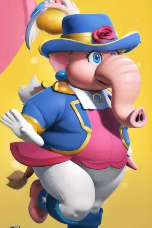 large, obese, female, elephant, white gloves, blue pearl earrings, pink skin, Swordfighter_Peach, solo, 1girl, hat, blue eyes, jewelry, rapier, hat feather, pants, ascot, red rose, hat flower, ponytail, white pants, boots, blue jacket, long sleeves,
