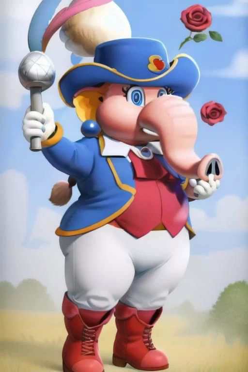 large, obese, female, elephant, white gloves, blue pearl earrings, pink skin, Swordfighter_Peach, solo, 1girl, hat, blue eyes, jewelry, rapier, hat feather, pants, ascot, red rose, hat flower, ponytail, white pants, boots, blue jacket, long sleeves,