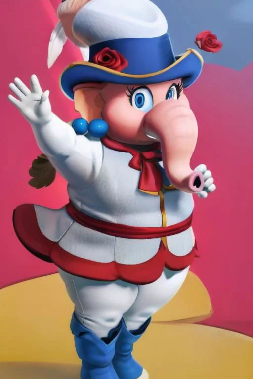 large, obese, female, elephant, white gloves, blue pearl earrings, pink skin, Swordfighter_Peach, solo, 1girl, hat, blue eyes, jewelry, rapier, hat feather, pants, ascot, red rose, hat flower, ponytail, white pants, boots, blue jacket, long sleeves,