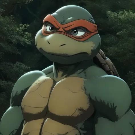 ninja turtle, tmnt <lora:TMNT_Turtles:.5>, solo
anthro, male, nude, penis
half-length portrait, forest background, <lora:beastarsanimestyle:1.2> beastarsanimestyle, simple shading, cel shading