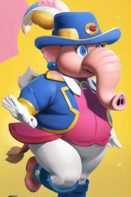 large, obese, female, elephant, white gloves, blue pearl earrings, pink skin, Swordfighter_Peach, solo, 1girl, hat, blue eyes, jewelry, rapier, hat feather, pants, ascot, red rose, hat flower, ponytail, white pants, boots, blue jacket, long sleeves,