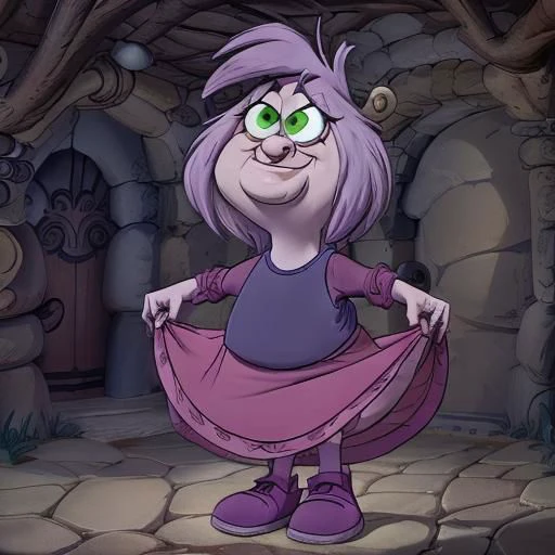 shortstack, fat, masterpiece cartoon,  best high quality, ultra details, intricate details, 4k, <lora:Madam Mim:1>, elderly, witch, cartoon character, pale skin, lavender hair, green eyes. indigo shirt, magenta skirt, dark magenta sleeves, violet shoes, wrinkles, solo, skinny legs,  (cellulite:1.1), (flat chested:1.4),