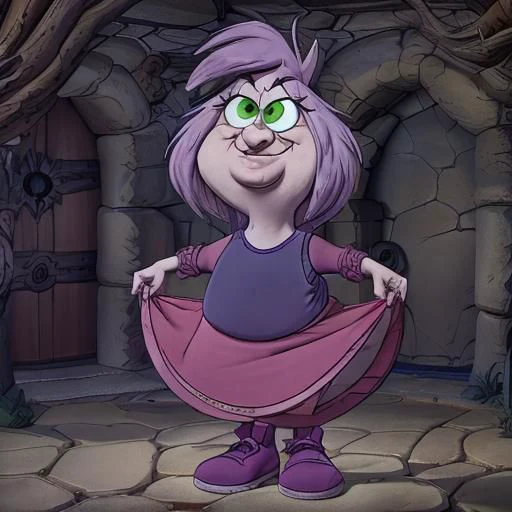 shortstack, fat, masterpiece cartoon, best high quality, ultra details, intricate details, 4k, <lora:Madam Mim:1>, elderly, witch, cartoon character, pale skin, lavender hair, green eyes. indigo shirt, magenta skirt, dark magenta sleeves, violet shoes, wrinkles, solo, skinny legs, (cellulite:1.1), (flat chested:1.4),