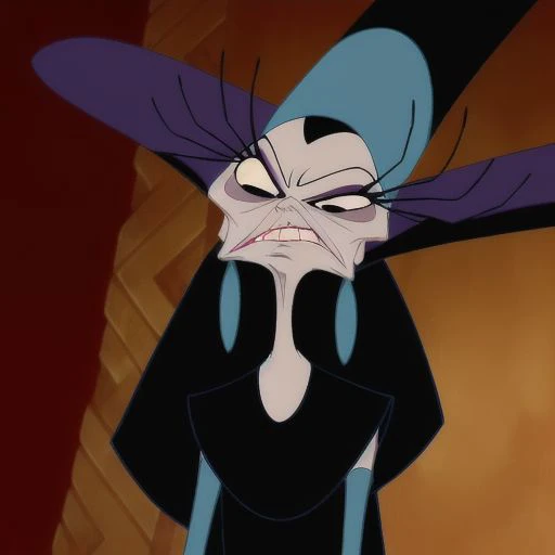 2d cartoon, anatomically correct, masterpiece, best high quality, ultra details, realistic, RAW Photo, perfect anatomy, 4k, 8k, quality lighting, detailed hands, detailed eyes,Yzma, skinny, elderly, woman, dark purple dress, black hair, wrinkled pale skin, (black eyes:1.1),