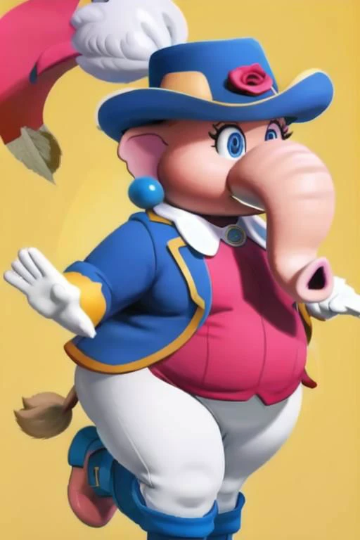 large, obese, female, elephant, white gloves, blue pearl earrings, pink skin, Swordfighter_Peach, solo, 1girl, hat, blue eyes, jewelry, rapier, hat feather, pants, ascot, red rose, hat flower, ponytail, white pants, boots, blue jacket, long sleeves,