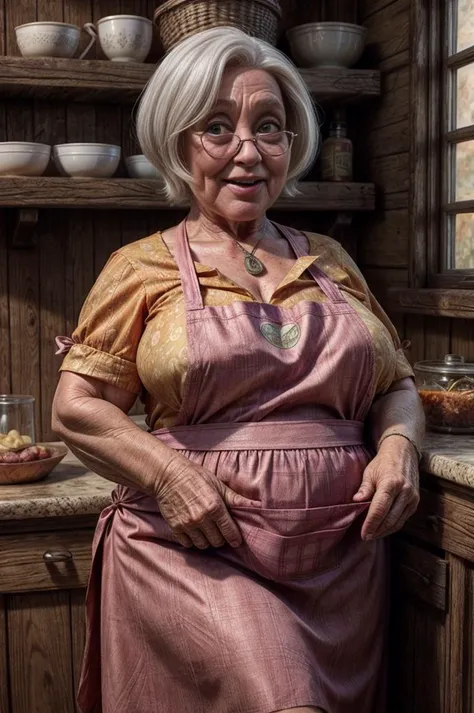(courage the cowardly dog), ((muriel bagge)),old,overweight,woman,amber dress,apron,glasses,white hair, <lora:polyhedron_skinny_all:0.4> (detailed skin:1.2)