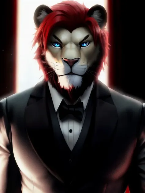 cgi, realism, lion, tuxedo, red hair, blue eye, hitman, serious, half body, muscle body