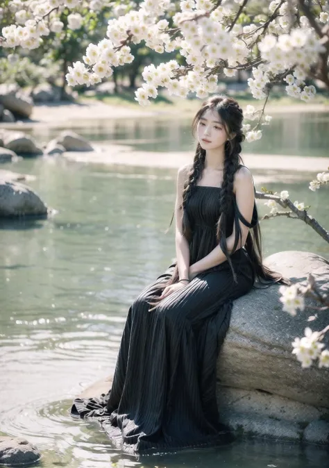 mid shot of A 21year-old girl sitting on a rock in a garden,outdoor,long black braided hair,long dress,(many branches of white flowers growing around her),peaceful,tranquil,sunshine,(5fingers),(masterpice:1.1),bright theme,(ultra-detailed),detailed texture,<lora:Chinese style illustration v2:1>,<lora:more_details:1>,huge filesize,