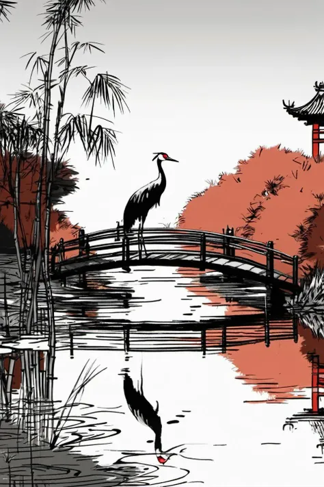 Red-crowned crane, water, bamboo, Chinese bridge, <lora:The_Simplest:0.48>, masterpiece, 8k, sharp, heavy shadow, <lora:Chinese style illustration v2:0.6>,