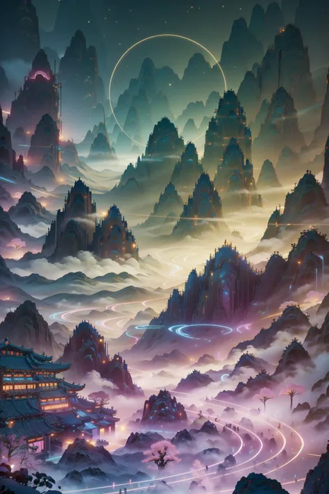 (best quality, masterpiece, absurbres, super-resolution:1.1),
landscape,city,night,DiscoTech,uv blacklights,sequined,scifi,<lora:DiscoTech:1>,guofeng,chinese style,<lora:Chinese style illustration v2:1>,