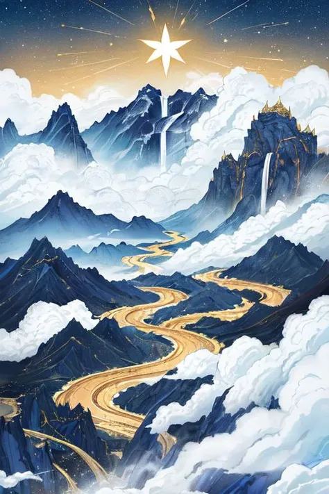 star, dark blue canvas, golden waterfall, depth of field, ink, precipitous mountain, cloud, white lane, Chinese, best quality, highly detailed, masterpiece, masterful details, <lora:add-detail-xl:0.96>, <lora:Chinese style illustration v2:0.32>, <lora:animeoutlineV4_16:0.16>, sharp, Designed by Bage