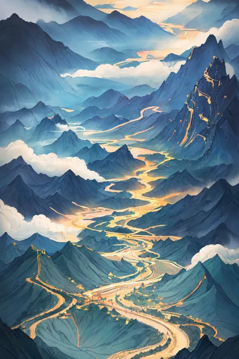 Dark blue canvas, golden waterfall, depth of field, ink, mountain, lane, cloud, Chinese, best quality, highly detailed, masterpiece, masterful details, <lora:add-detail-xl:0.96>, <lora:Chinese style illustration v2:0.32>, <lora:animeoutlineV4_16:0.16>, sharp, Designed by Bage