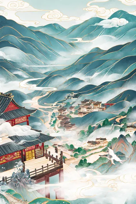 framing:1.28, waterfall, depth of field, ink, mountain, lane, village, cloud, Chinese, best quality, highly detailed, masterpiece, masterful details, <lora:add-detail-xl:0.96>, <lora:Chinese style illustration v2:0.64>, <lora:animeoutlineV4_16:0.32>, sharp, Designed by Bage