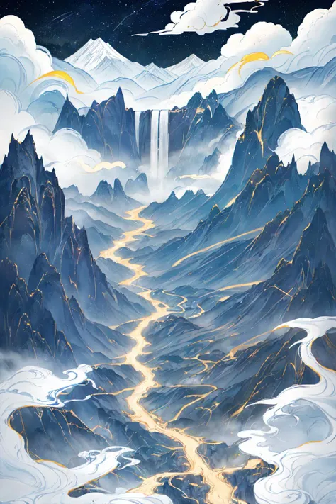 shooting star, dark blue canvas, golden waterfall, depth of field, ink, precipitous mountain, cloud, white lane, Chinese, best quality, highly detailed, masterpiece, masterful details, <lora:add-detail-xl:0.96>, <lora:Chinese style illustration v2:0.32>, <lora:animeoutlineV4_16:0.16>, sharp, Designed by Bage