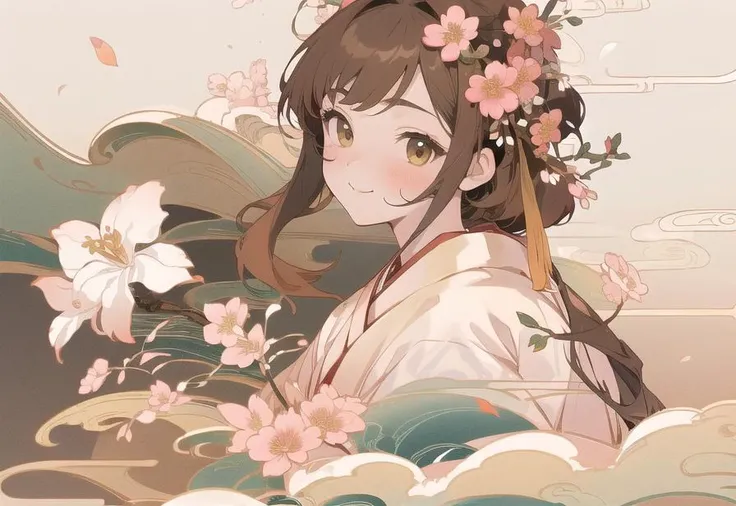 (8k, RAW photo, best quality, masterpiece:1.2),(ultra-detailed:1.1),(2 girls:1.1),(illustration:1.1),(cover art <lyco:Chinese style illustration v2:0.9>),(happy:1.1),(looking back:1.1),(hanfu:1.5),(red upper shan:1.1),(white chest pleated skirt:1.1),(yellow waistband:1.1),(square collar:1.1),(wallpaper:1.1),fairyland,(clear face:1.2),(brown hair:1.1),[hand with five fingers:1.5],((One of them is holding a flower in his hand)),[[Hands are blocked by flowers]],[[slender hands]],(upper body:1.5),