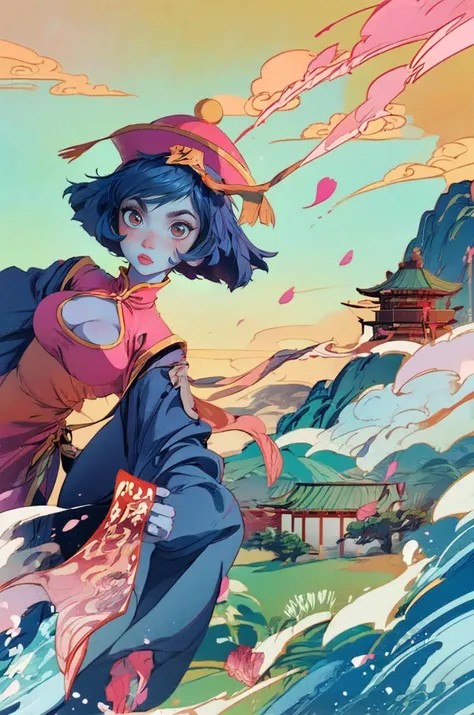 hat,  (ofuda:1.1), pants,long sleeves,  cleavage cutout, clothing cutout, jiangshi, qing guanmao,  solo, chinese clothes, blue skin, short hair,  cleavage, , ofuda, , blue hair, dress, black eyes, pink,  headwear,  pink dress, , long sleeves,  metal claws, sharp, 
outdoors,( illustration:1.4) action pose, 
petite,  focus,  looking at viewer, 
[(
impactful, 
fling petals, blossoms , 
guofeng, chinese style, 
chinese village ,
(masterpiece), (best quality:1.2), absurdres, 
isabelmoner-smf, <lyco:isabelmoner_lycoris_01-000003:0.66>  
ankymoore, <lora:ankymoore:0.00>
 <lyco:ColoredSkin-000019:0.8>  <lora:Chinese style illustration v2:0.81>
 <lora:add_detail:0.5> 
):8]
 <lora:leilei:0.99>