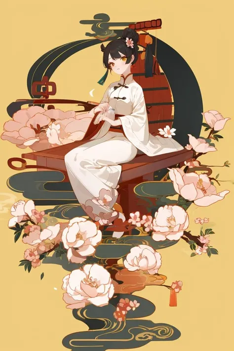 1girl,chinese style,flower,yellow simple background,masterpiece,best quality,bridge,<lora:Chinese style illustration v2:0.6>,
