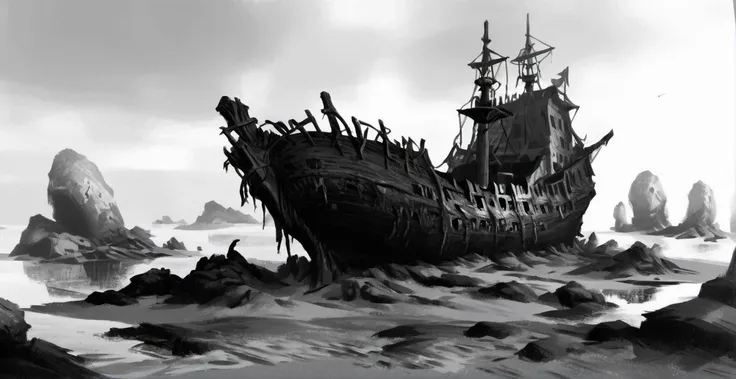 Pirate Shipwreck: Decaying, barnacle-covered hull, buried chest, sunken riches, ghostly pirates, seaweed masts., color <lora:XLPUNK_0.3_RC:0.85>