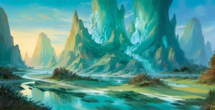 Mystical Lagoon: Glowing water, ethereal creatures, will-o'-the-wisps, submerged secrets, floating lilies., color <lora:XLPUNK_0.3_RC:0.85>
