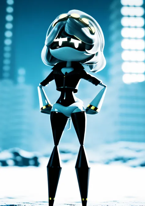 cinematic photo, sharp makro closeup, [filewords], dronev standing in the arctic, snow and ice, skyscrapers in the distance, looking insane, looking at viewer, model pose, full body, solo, hands on hips, black highthigs <lora:SSVD-for-Super-D:1>