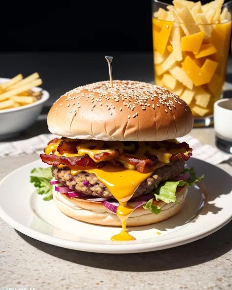 RAW photo,hyper-realistic, A close-up photograph of a juicy cheeseburger on a white plate, with a shallow depth of field and a blurred background. The burger is topped with melted cheddar cheese and crispy bacon, and served on a sesame seed bun. Shot with a Sony A7III camera using natural lighting, the image has a warm and inviting aesthetic.,8k uhd, HDR, high quality,untra detailed,film grain