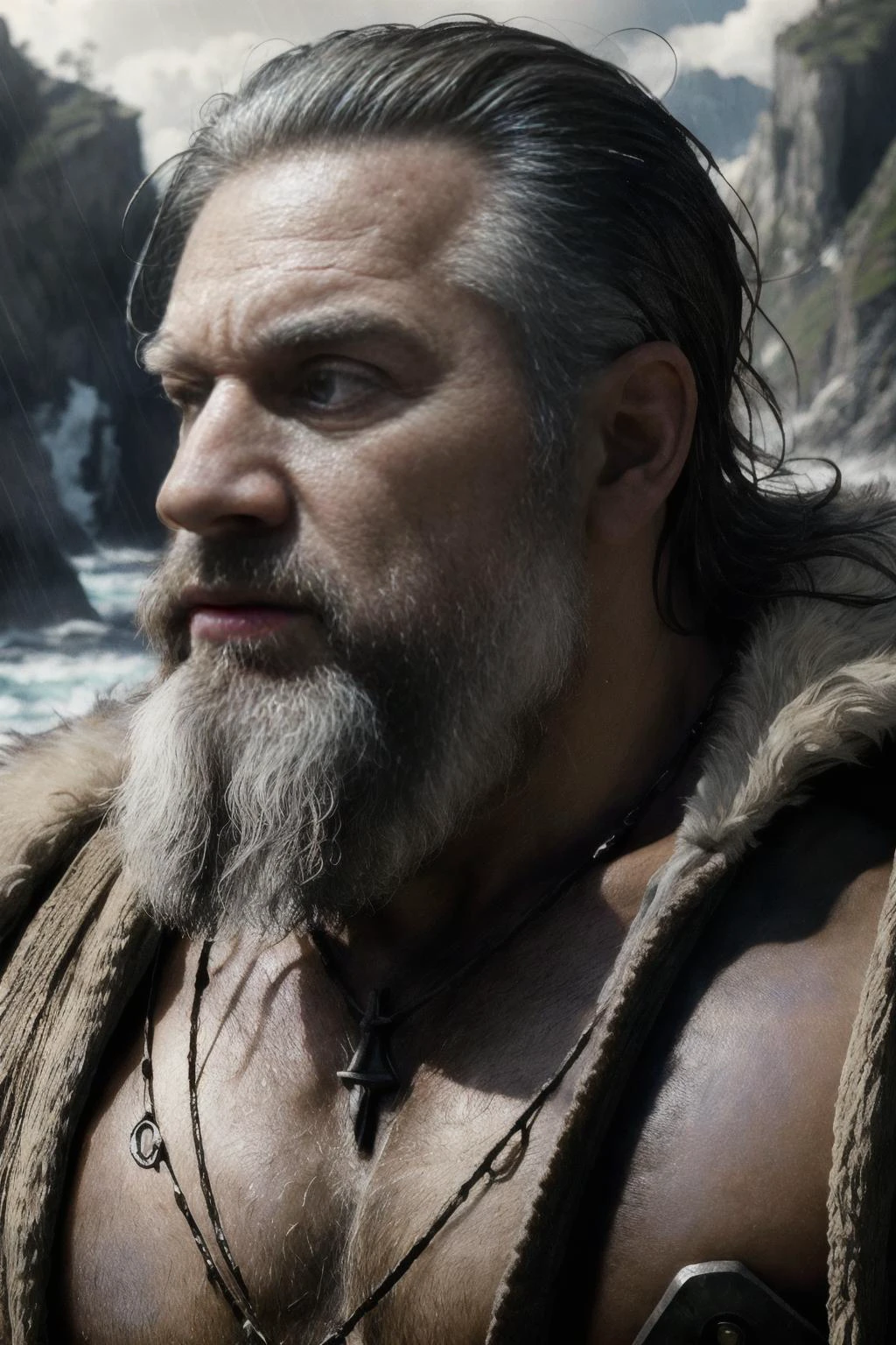 ((best quality)), ((masterpiece)), ((inked)), majestic intricately detailed soft by jim lee, 1man, (close up portrait:1.1), an old grizzled medieval warrior, elderly war weary grandfather, warpaint, muscular, gray bearded, shaved head, topknot, wet fur armor, weary eyes, cuts scrapes and grazes, (dramatic rain drenched fyords, ocean channel, rocky hills:1.2), sun set, somber, (backlit:1.3), highres, depth of field, (deep shadows:1.2), high detail, sharp focus, smooth, roughness, photographed on a Canon EOS R5, 50mm lens, F/2.8, HDR, real life, backlit, photorealism, photography, cinematic Film still from the lord of the rings|god of war|Wrath of the Titans|the lighthouse<lora:Elixir:1>