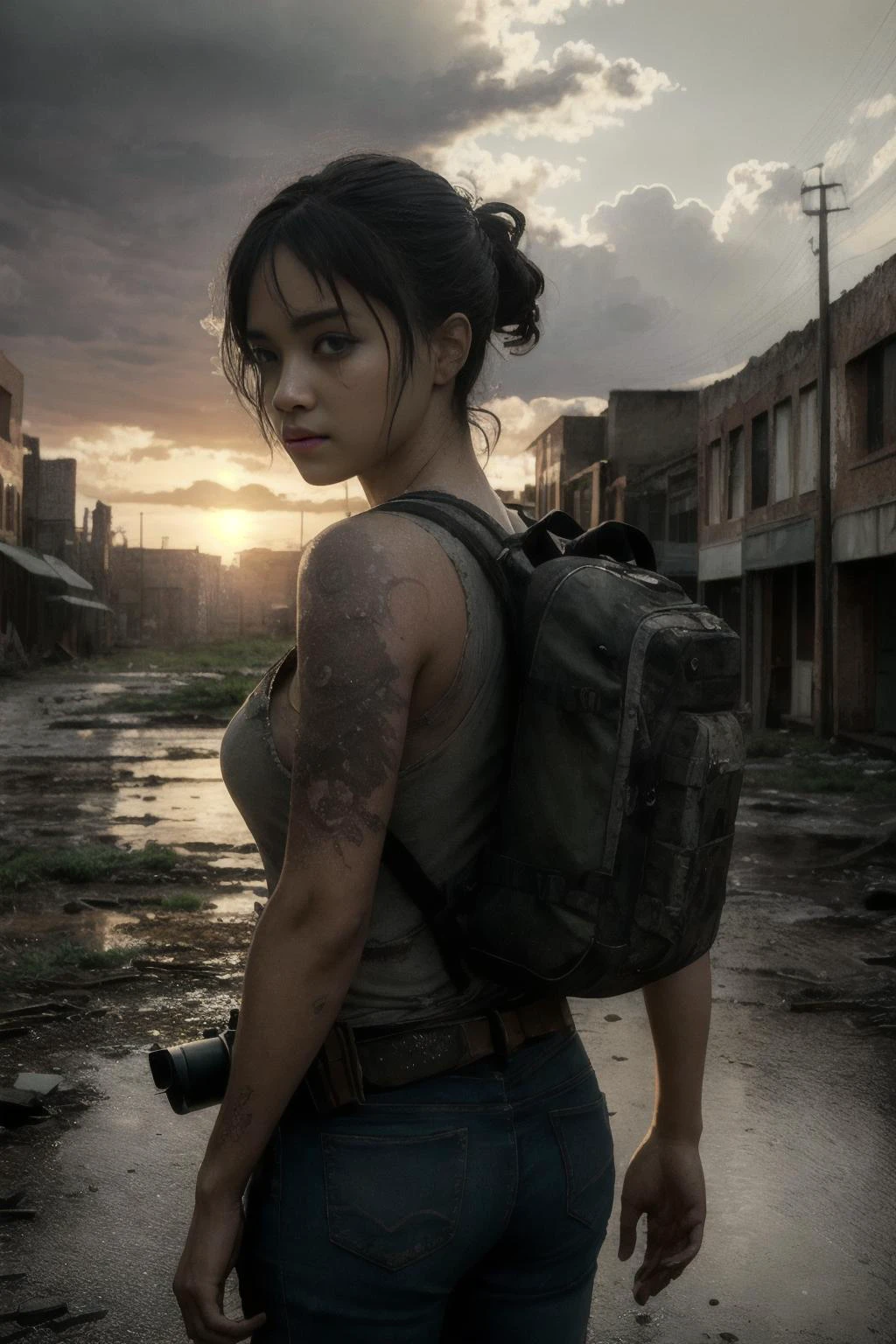 ((best quality)), ((masterpiece)), ((inked)), majestic intricately detailed soft by jim lee, (landscape shote of a post apocalyptic ruined rainy city:1.2),dusty crumbling rubble, desolate, scorching sun, sun set, somber, (backlit:1.3), highres, depth of field, (deep shadows:1.2), high detail, sharp focus, smooth, roughness, real life, backlit, photorealism, photography, cinematic Film still from the void|the walking dead<lora:Elixir:1>