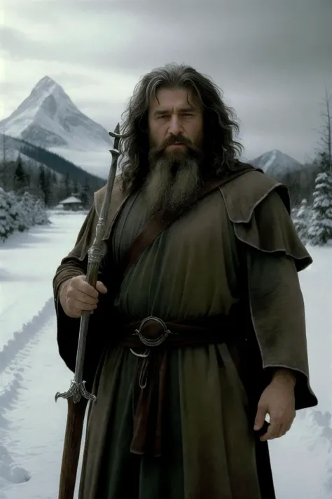 ((best quality)), ((masterpiece)), ((inked)), darkly moody professional intricate soft , by jim lee, old wizard standing on a path in a snow storm, billowing embroidered robes, long beard, staff, vast snowy mountain range, blizzard, sprawling medieval city in the distance, depth of field, film grain, smooth, roughness, real life,backlit, hard edge lighting, cinematic Film still from the lord of the rings|krull|cannibal holocaust<lora:Elixir:1>