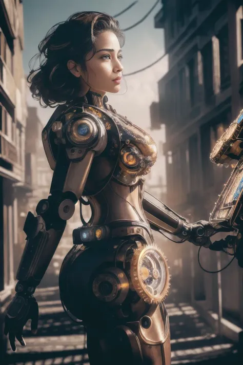 ((best quality)), ((masterpiece)), ((inked)), (dynamic sexy pose), 1girl, majestic intricately detailed soft   by jim lee, professional body shot,sexy android,( clockwork robotics:1.5), cogs and wires, intricate details, (cyborg:1.4), android wearing a fedora, dynamic angle, professional, (steampunk city alley background:1.2), steam venting from pipes , dingy, film grain, soft edge lighting, photographed on a Canon EOS R5, 50mm lens, F/2.8, HDR, professional, backlit, high contrast, (deep shadows:1.5), warm vibrant colors, (noir style cinematic Film still:1.2), amber color palette<lora:Elixir:1>