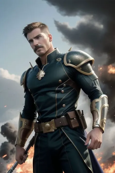 (masterpiece), (best quality, high quality):1.3, a head and full body shot of a very handsome moustache commander hunk dramatically fighting at the battlefield, warzone, very symmetric male head, handsome face, symmetric eyes, crooked nose, long chin, very short hair buzzed at sides, blonde moustache,  wearing male trunks, intense war field bokeh background,  high res, ultra detailed, very intricate, real life, best dynamic pose, best dynamic angle, male clothes only, very clear, very smooth. (full height, male focus), break, (absurdres, new, newest, exceptional, best male commander fighting aesthetic composition, epic detailed, very original,  very dynamic, creative, commander battle war movie scene, cinematic, movie still, cinestill, film still), impressive, best battle scene, capcom, ufotable