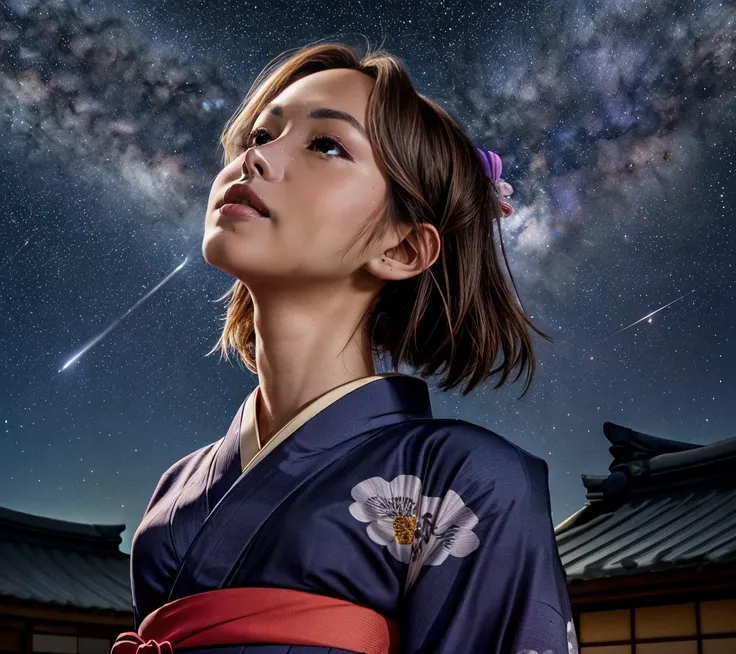 (high resolution:1.2),(Takabata:1.4), (RAW photo of a woman looking up to the starry sky:1.2), (sharp focus:1.3), (face focus:1.2), ((a woman wearing a yukata:1.5), (23 yo:1.1), (slim face), (symmetrical eyes, clear eyes), medium breast, cute, elegant, no makeup, ennui), BREAK
((beautiful milky way in the night sky background)), (colorful rectangle papers are hanging), <lyco:GoodHands-beta2:1.0>, <lora:more_details:0.3>, <lora:Elixir:1>