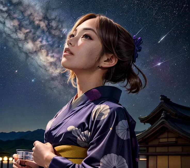 (high resolution:1.2),(Takabata:1.4), (RAW photo of a woman looking up to the starry sky:1.2), (sharp focus:1.3), (face focus:1.2), ((a woman wearing a yukata:1.5), (23 yo:1.1), (slim face), (symmetrical eyes, clear eyes), medium breast, cute, elegant, no makeup, ennui), BREAK
((beautiful milky way in the night sky background)), (colorful rectangle papers are hanging), <lyco:GoodHands-beta2:1.0>, <lora:more_details:0.3>, <lora:Elixir:1>